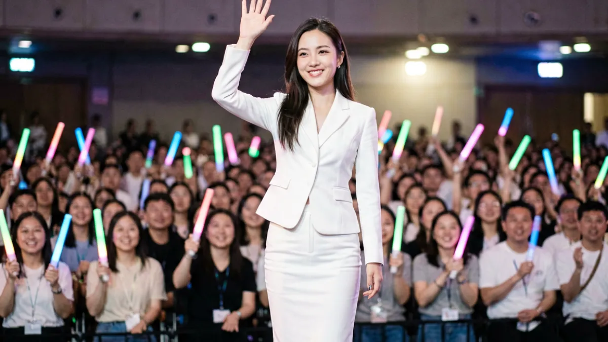 小欣奈近期活动现场，身穿白色套装出席粉丝见面会，台下观众反应热烈