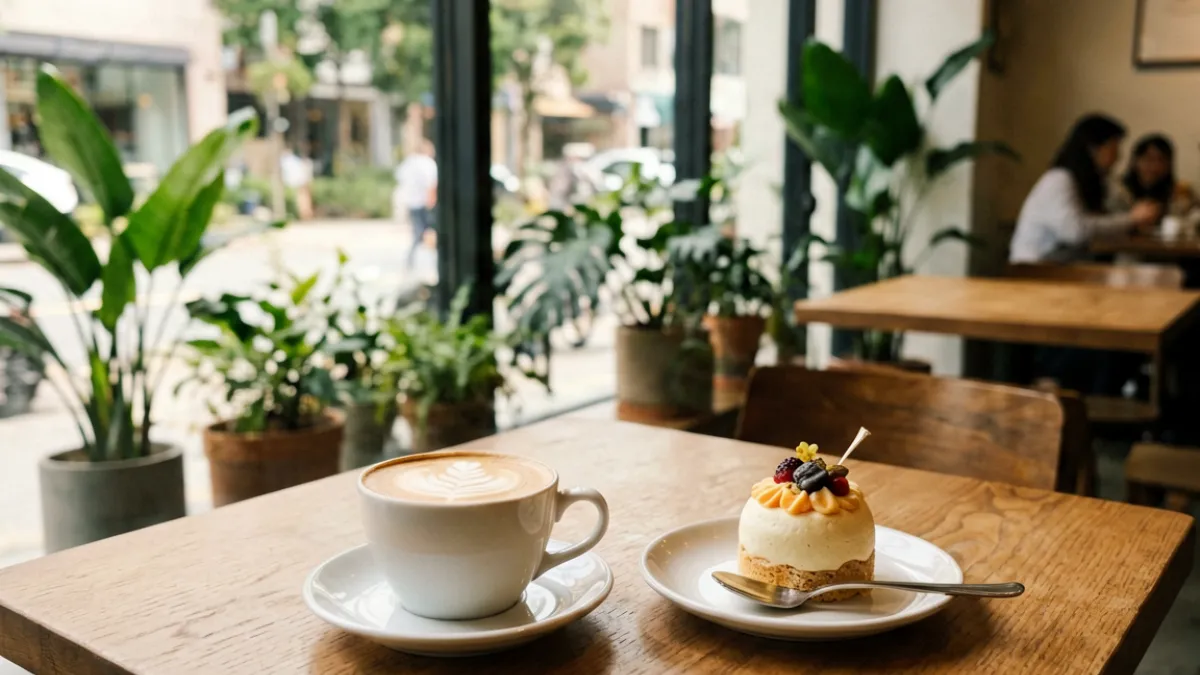 小欣奈糖心平台发布的城市探店系列视频中拍摄咖啡馆环境与饮品陈列的场景